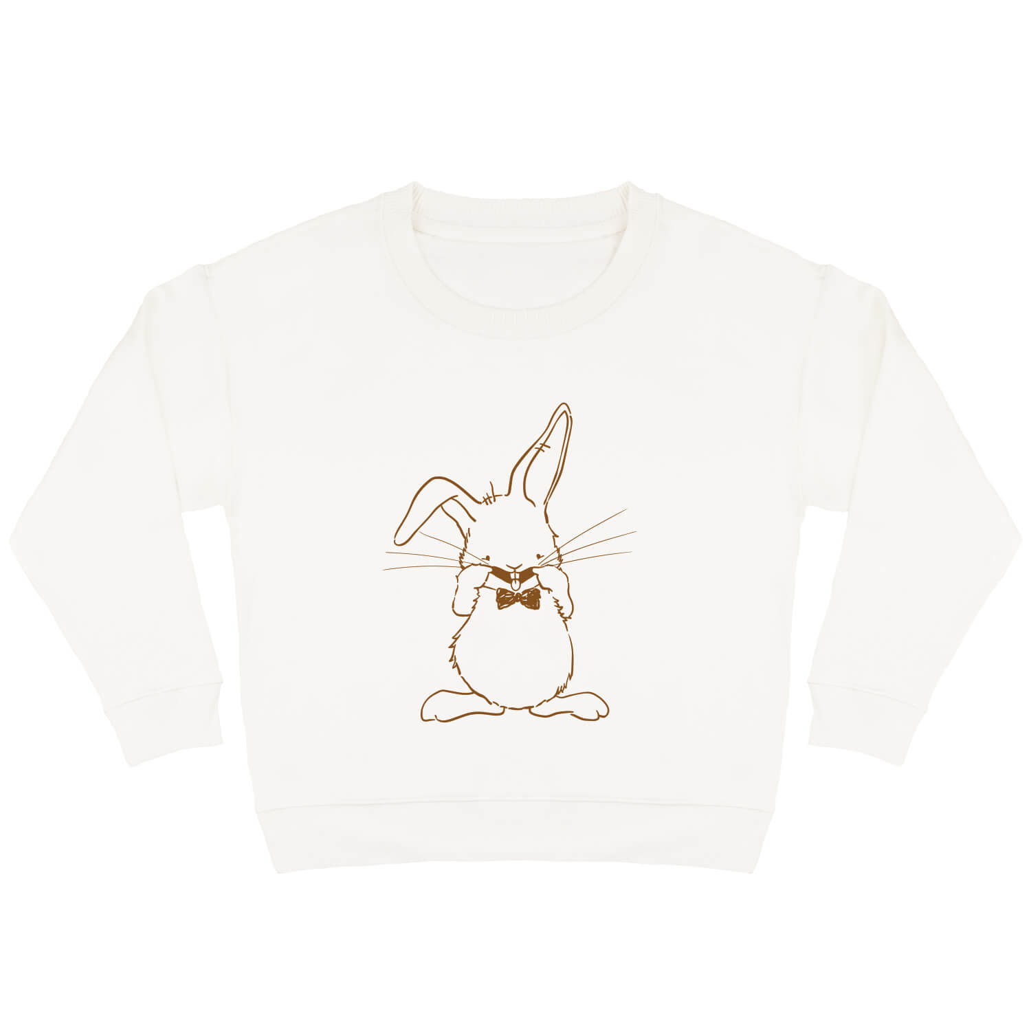 Offwhite sweater voor kinderen met diep zwarte print van ondeugend konijn Guus die een gekke bek trekt.
